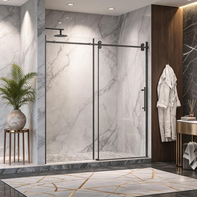 68 inch to 72 inch Adjustable Width Matte Black Stainless Steel Frameless Single Sliding Shower Door with 10 Millimeter Clear Tempered Glass and Reversible Installation