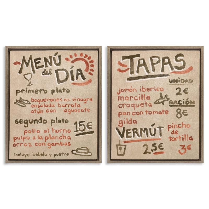  Ensemble de 2 toiles flottantes Travel Tapas menu par June Erica Vess, H 21 po x l 17 po, Cadre flottant orme Montalcino