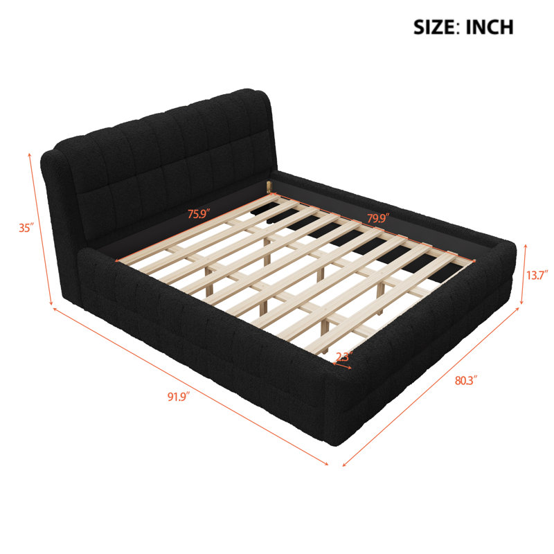 King Size Upholstered Platform Bed Frame with Headboard, Modern Fabric Bed with Solid Wood Slats, No Box Spring Needed, Black
