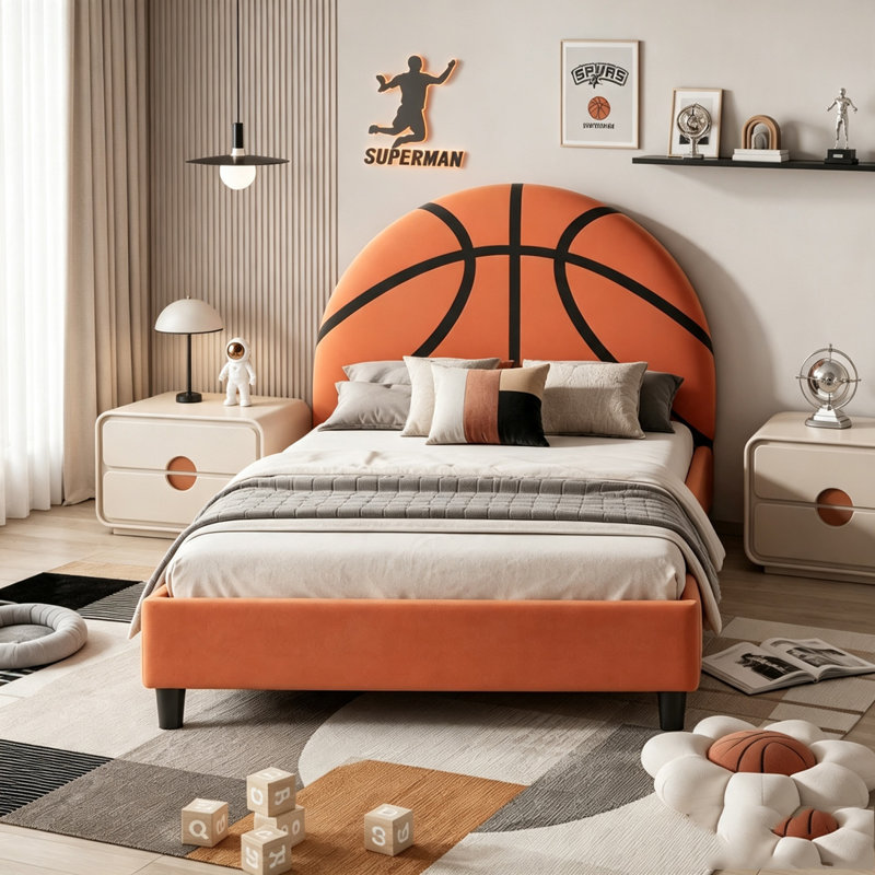 Lit plateforme tapissier simple pour enfants, Sans garde-corps, Orange
