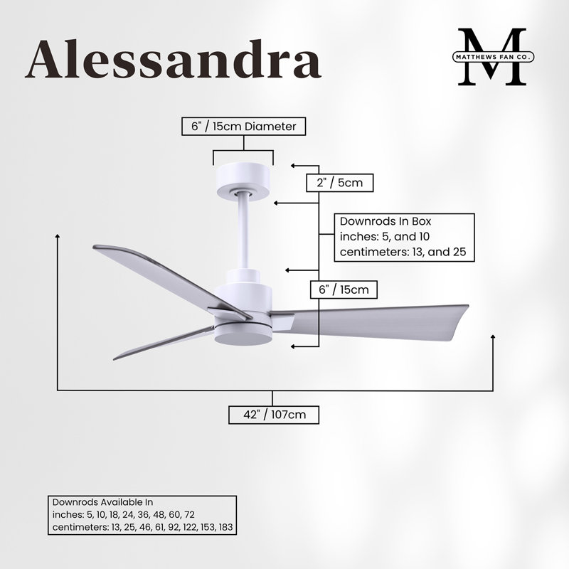 Alessandra Outdoor Downrod Ceiling Fan, Matte White, Brushed Nickel