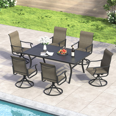6-Person Patio Dining Set with 63" Metal Curved Dining Table and PVC-coated polyester Swivel Dining Chairs by Red Barrel Studio