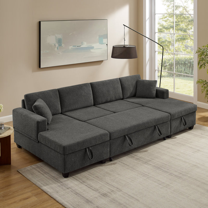 113'' U-Shaped Pull-Out Sofa Bed With Storage Chaise, Gray Polyester