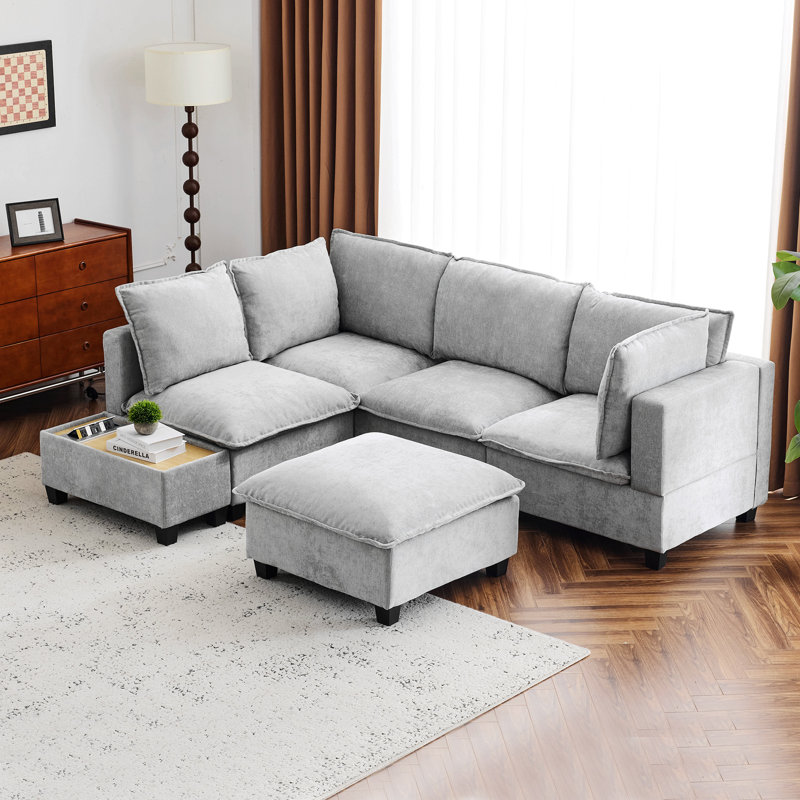 Upholstered Sectional With Coffee Table And Ottoman, Grey Chenille