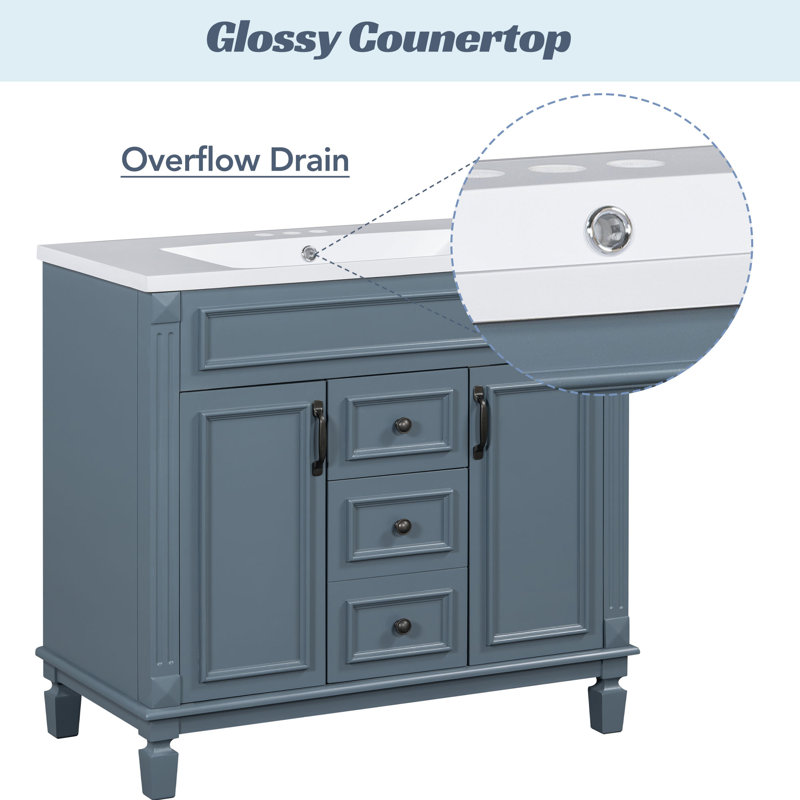 35.9 " Modern Single Bathroom Vanity with Top Sink with Soft Closing Doors and Drawers, Navy