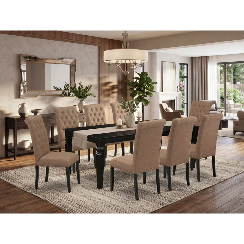 9 Piece Dining Room Table Set Includes a Rectangle Butterfly Leaf Kitchen Table and 8 Light Sable Linen Fabric Upholstered Chairs, Black