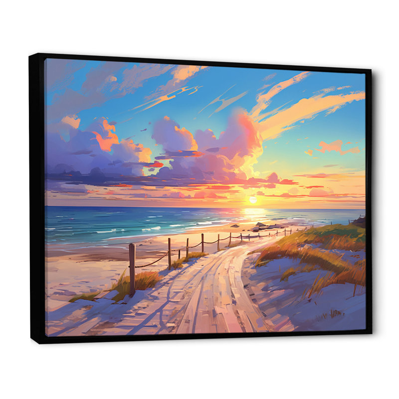 «Pathway To Pink Pastel Beach Sunset I», reproduction sur toile, H 12 po x l 20 po x P 1 po, Cadre flottant noir