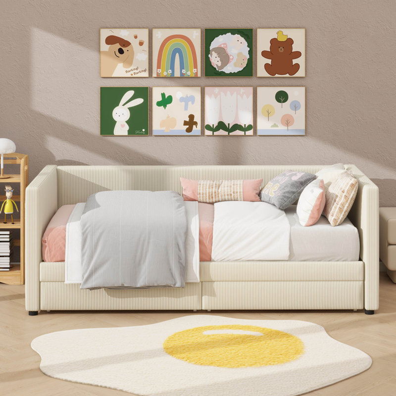 Un lit de jour simple en velours côtelé avec deux tiroirs intégrés et un lit en bois, Beige