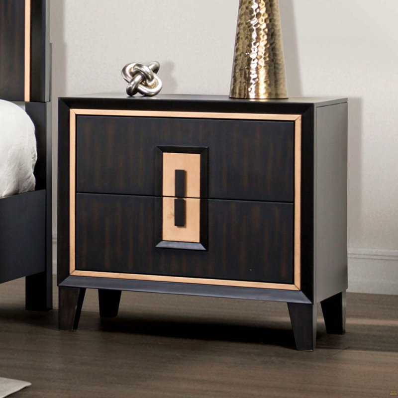 Bedside Table Bedroom Furniture 1Pc Nightstand Gold Accent Trim Wooden Finger Pull