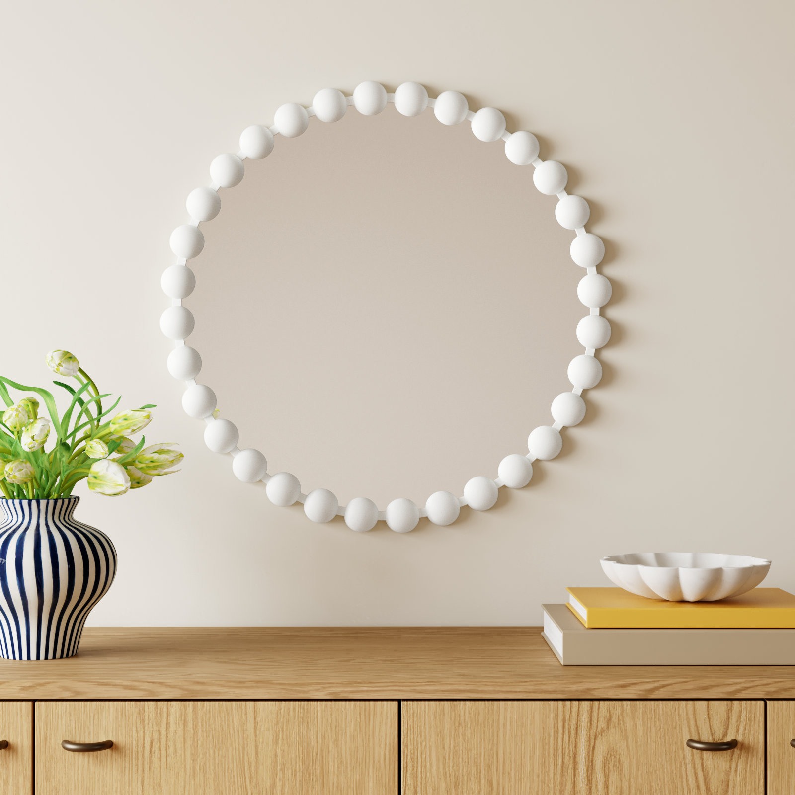 Marlowe Beaded Round Metal Wall Mirror, 27" x 27", Matte White