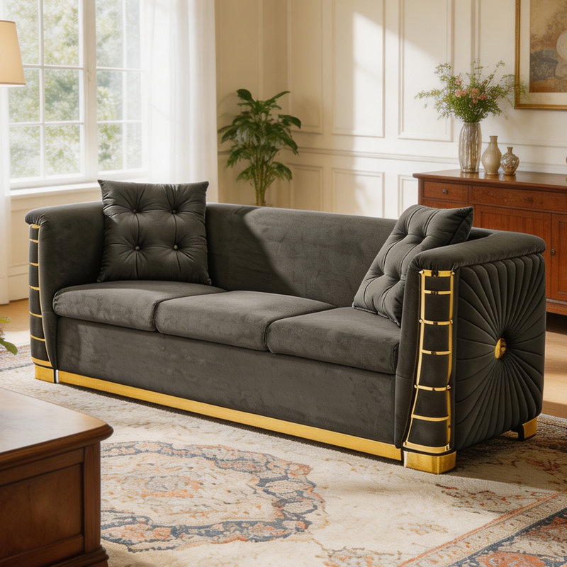 Veloria 82.3" Velvet 3-Seater Sofa with 2 Pillows for Living Room and Apartment, Gray