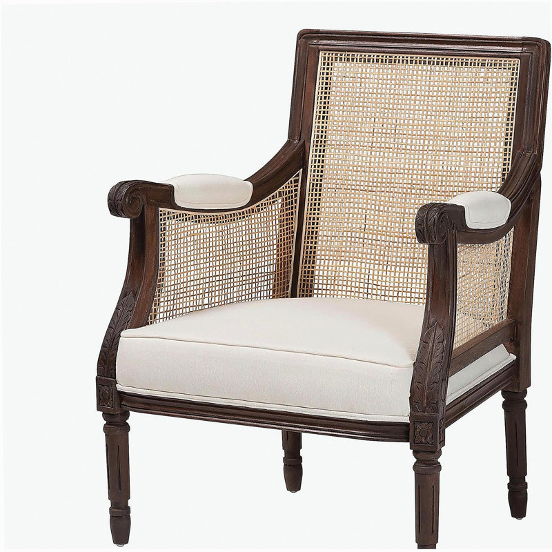 Fauteuil d'appoint traditionnel en tissu beige français et bois brun foncé