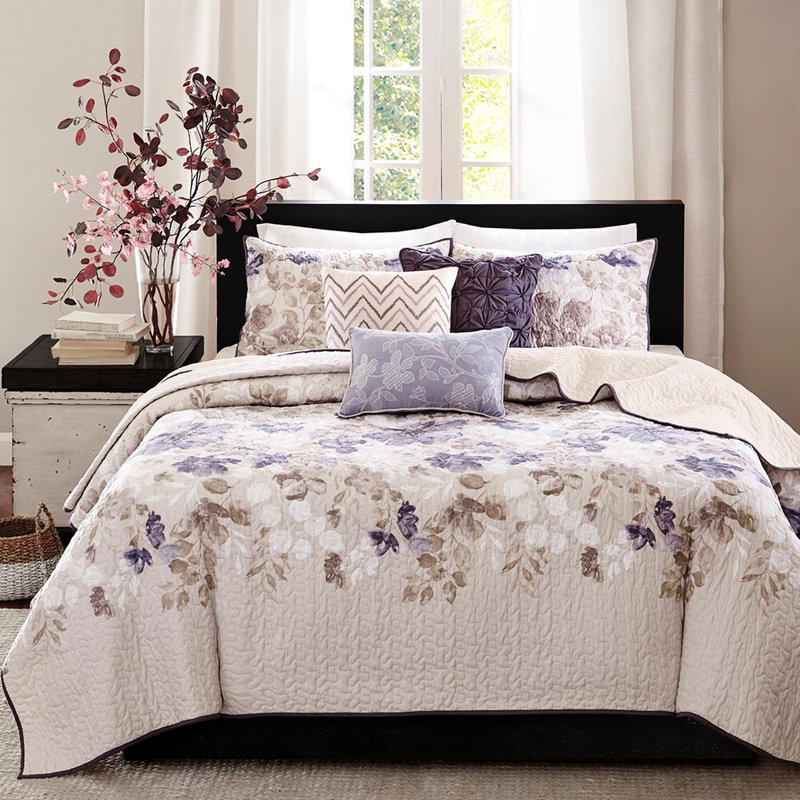 Courtepointe 6 pièces taupe avec coussins décoratifs, double / grand, courtepointe florale aquarelle, microfibre, tissu réversible à couleur unie, imprimé lavable à la machine, taupe, décoration, réversible, coussins décoratifs