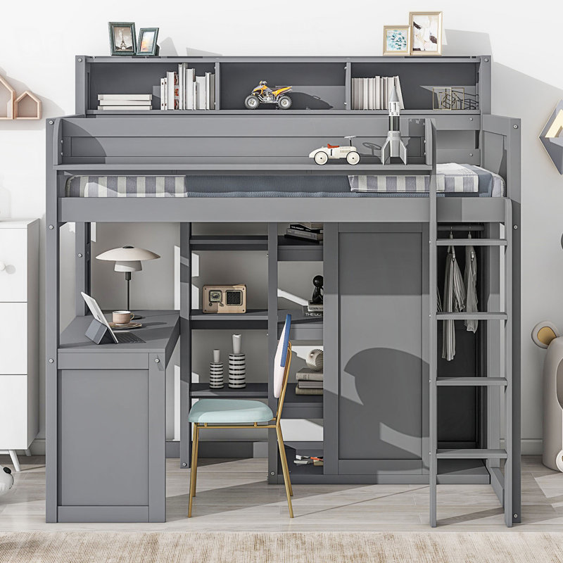 Lit mezzanine simple avec plusieurs tablettes de rangement et garde-robe, Gris