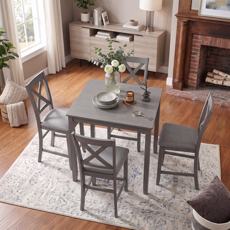 Ensemble de table de salle à manger compacte 5 pièces, comprenant 4 chaises rembourrées grises confortables pour petits appartements