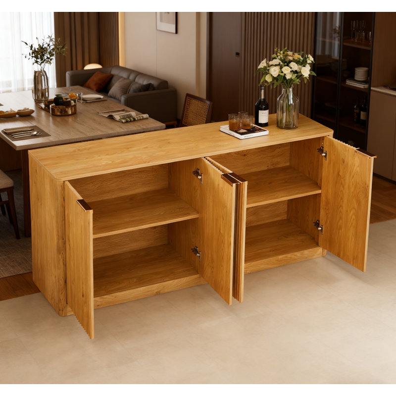 59-Inch Modern Wavy Sideboard, Curved Contour Design Storage Cabinet, 4-Door Cabinet With Storage Function, Suitable For Kitchen/Bedroom/Living Room, Natural, 59.0"L X 15.7"W X 27.7"H