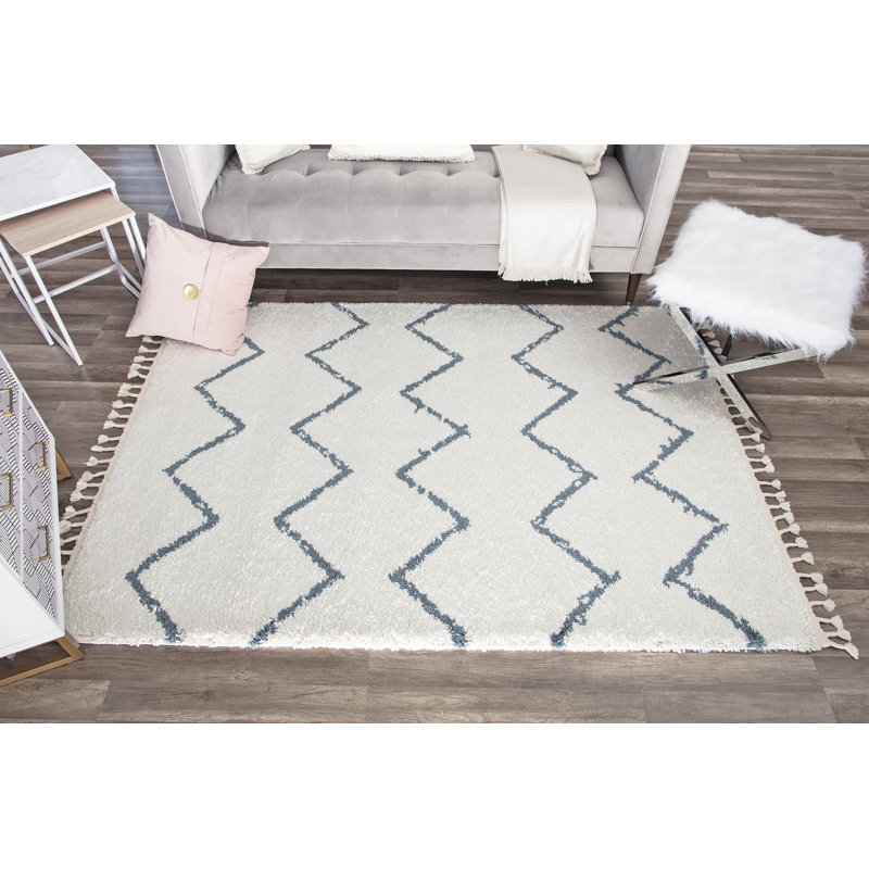 Tapis à chevrons blanc / bleu clair, Rectangle 8 pi x 10 pi
