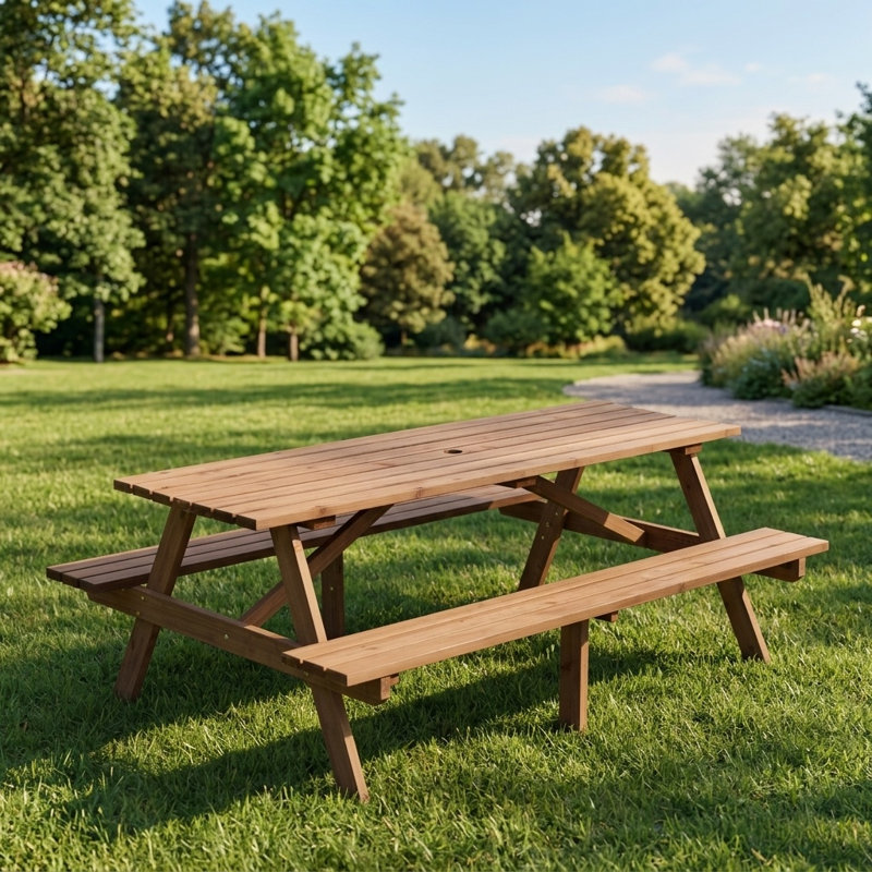 8 Person Wooden Picnic Table With 2 Built-In Benches, 2220 Lb Capacity, Outdoor Dining Set, Diy Paintable Finish