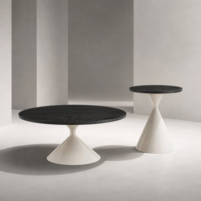 Ensemble de 2 tables basses rondes, plateau de table à motif noir avec base en acier, table basse multifonctionnelle (noir et blanc)