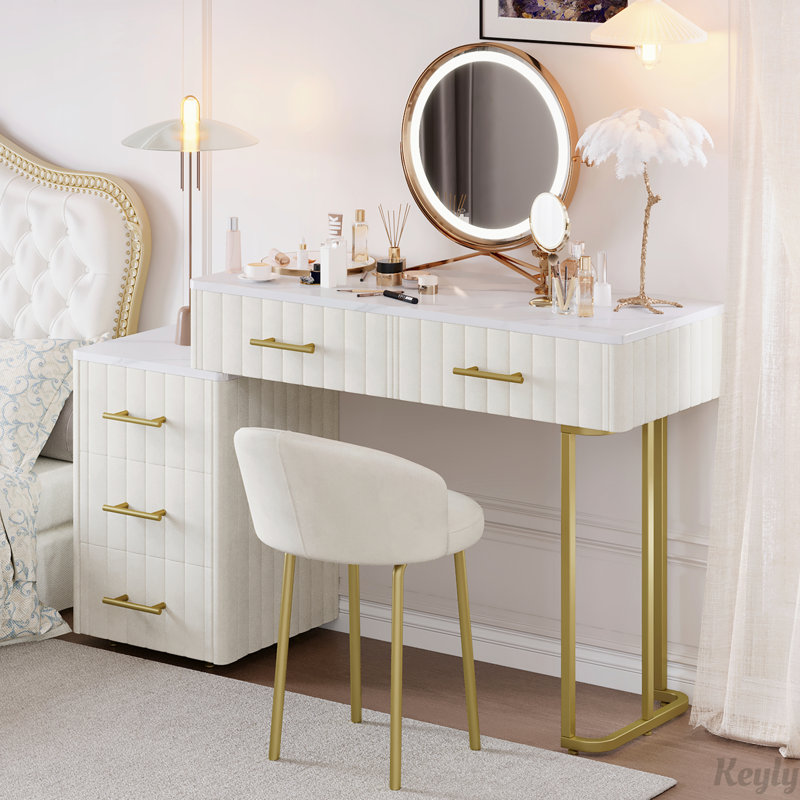 Meuble-lavabo en velours avec fauteuil et rangement réglable gauche / droite, Beige