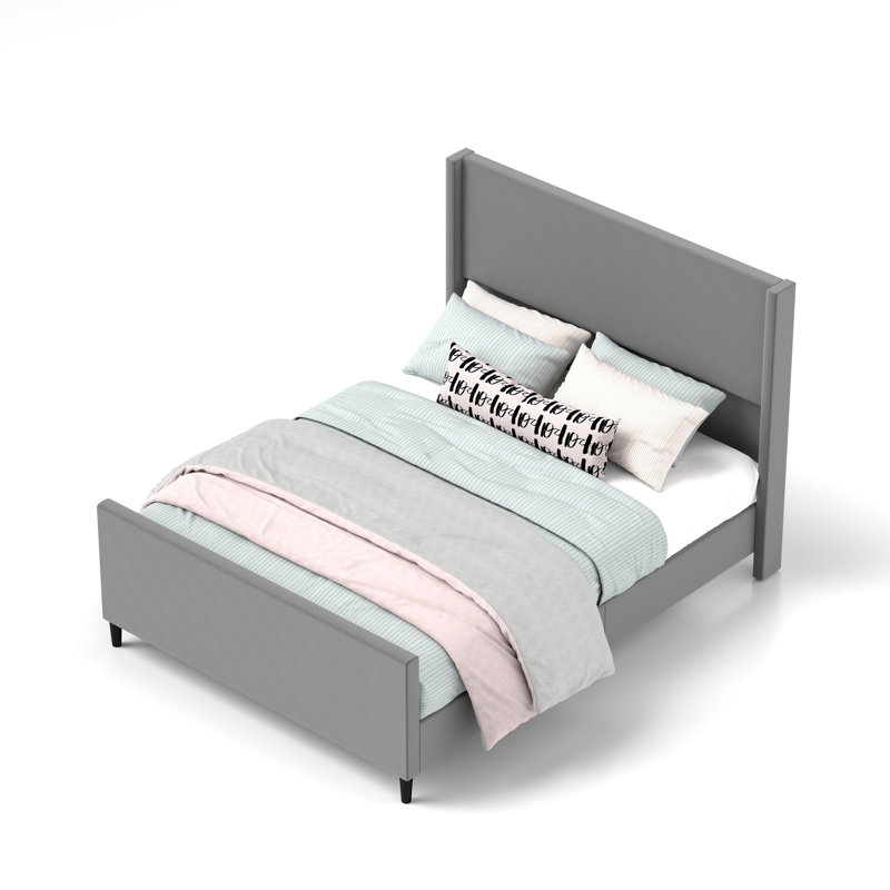 Très grand lit plateforme tapissier gris de 77,3 po avec tête de lit et pied de lit, Très grand, Gris