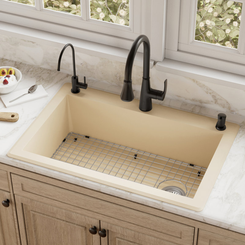Ensemble d'évier de cuisine à simple cuve encastrable 33 po x 22 po Karran Quartz, Bisque