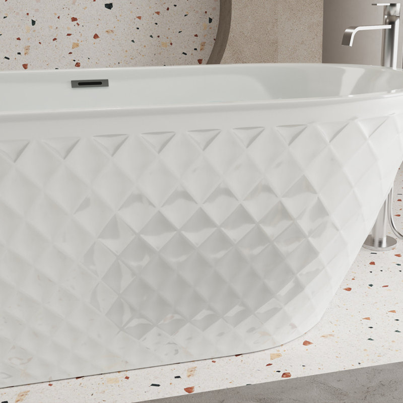 Baignoire autoportante en acrylique de 67 po avec motif à losanges unique: forme ovale spacieuse, finition blanc brillant, trop-plein chromé et bonde à poussoir