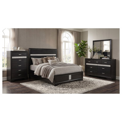 Ensemble de chambre à coucher Isadora noir Queen 3 pièces avec lit à panneaux, commode et commode haute