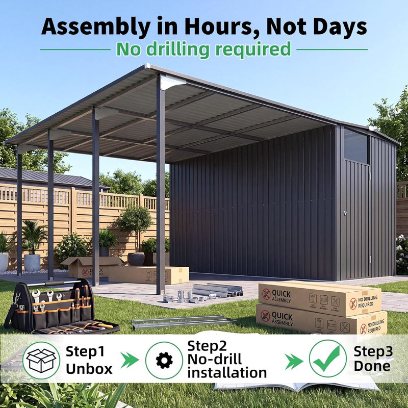 Abri de jardin adossé à une tonnelle 16x16, combiné à un carport rigide et un espace de rangement