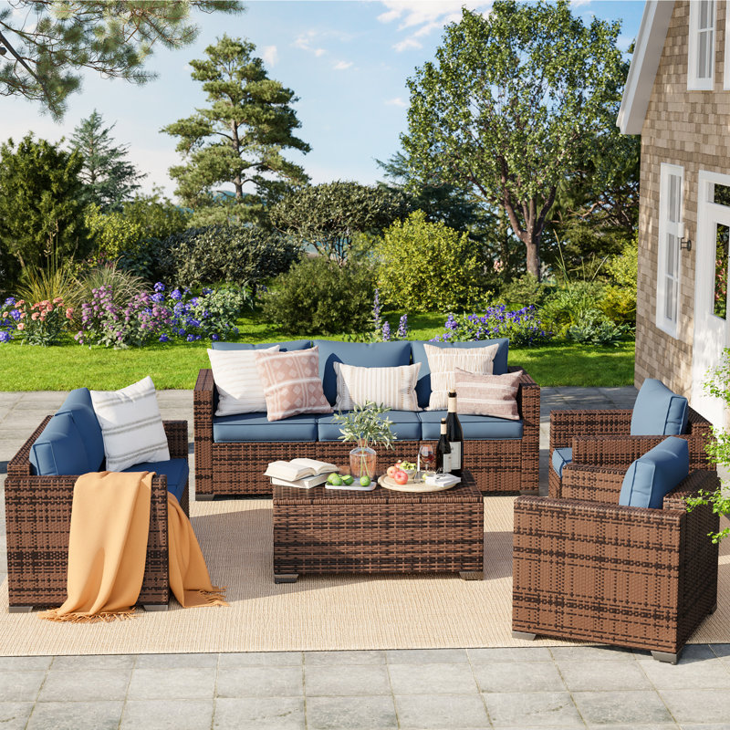 Azoriah 7 -  Person Oversized Armrest Outdoor Sectional Furniture Rattan Sets w/Storage Table, Navy Blue