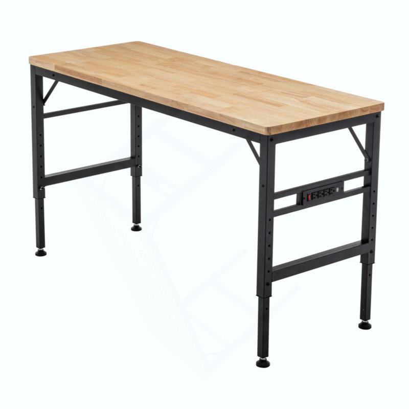 Établi à hauteur réglable, poste de travail robuste en bois d'hévéa avec prises de courant, table de travail en bois franc d'une capacité de charge de 2 000 lb pour atelier, garage, bureau, maison, commercial