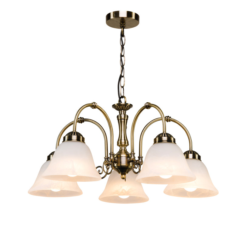Brazell 5-Light Antique Brass Down Light Shaded Chandelier Alabaster Style Glass