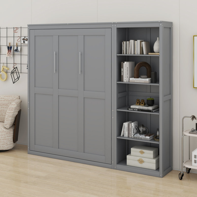 Lit escamotable mural avec tablettes Murphy, gris, Lit double