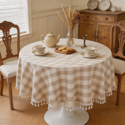 Beige Spring Checkered Round Tablecloth 60", Washable Cotton Linen Buffalo Plaid Table Cover With Tassels, Gingham Tablecloth For Dining Room, Fits 30-48" Table