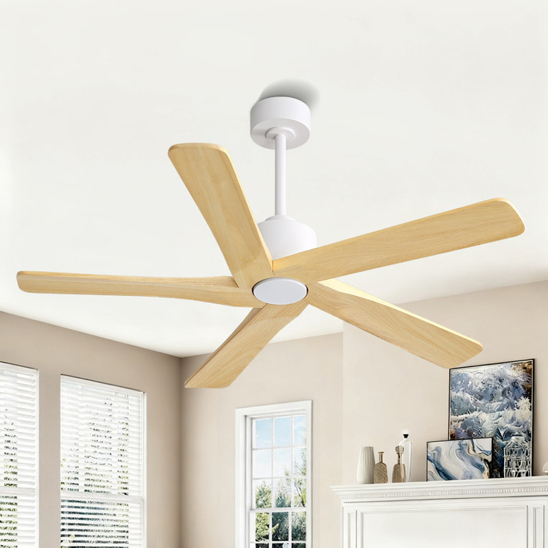Ventilateur de plafond d'intérieur à 5 pales Baun avec télécommande, Blanc, 48", Bois blanc