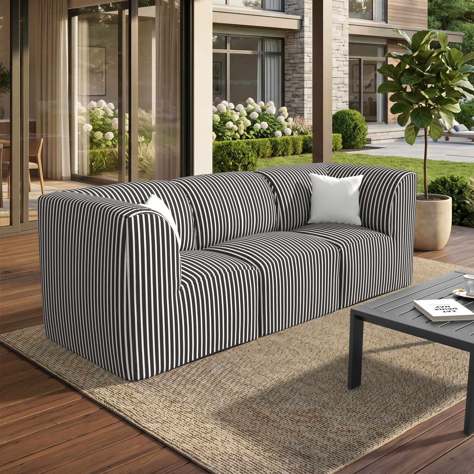 Eliana 96" Sunbrella® Patio Sofa, Shore Classic Black Stripe Sunbrella®
