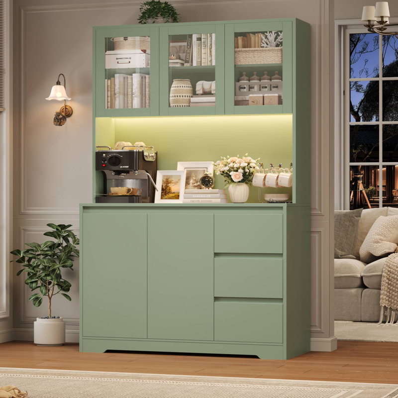 Satavia 70.9'' Kitchen Pantry with LED Lights and Charging Station, Microwave Shelf, Green
