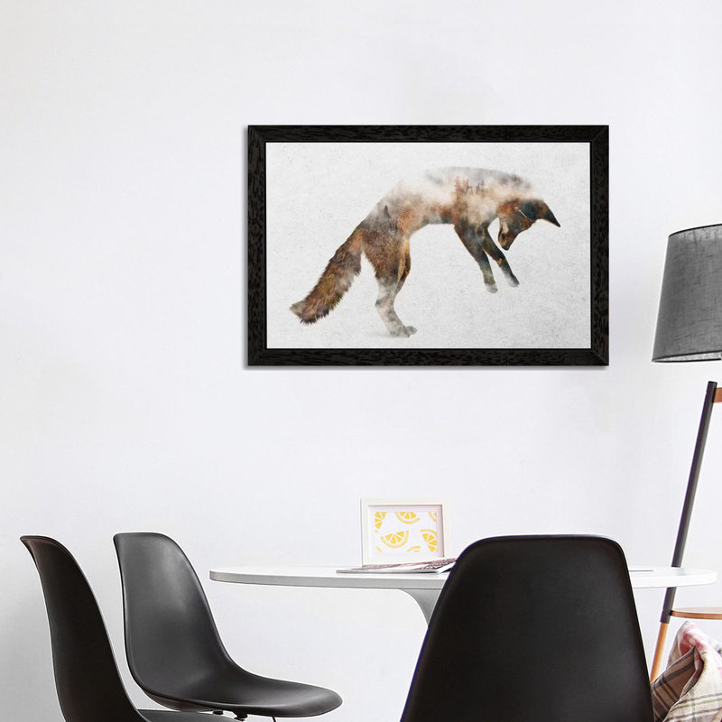 Jumping Fox by Andreas Lie - Print on Canvas, Black Framed, 20.32 cm H x 30.48 cm W