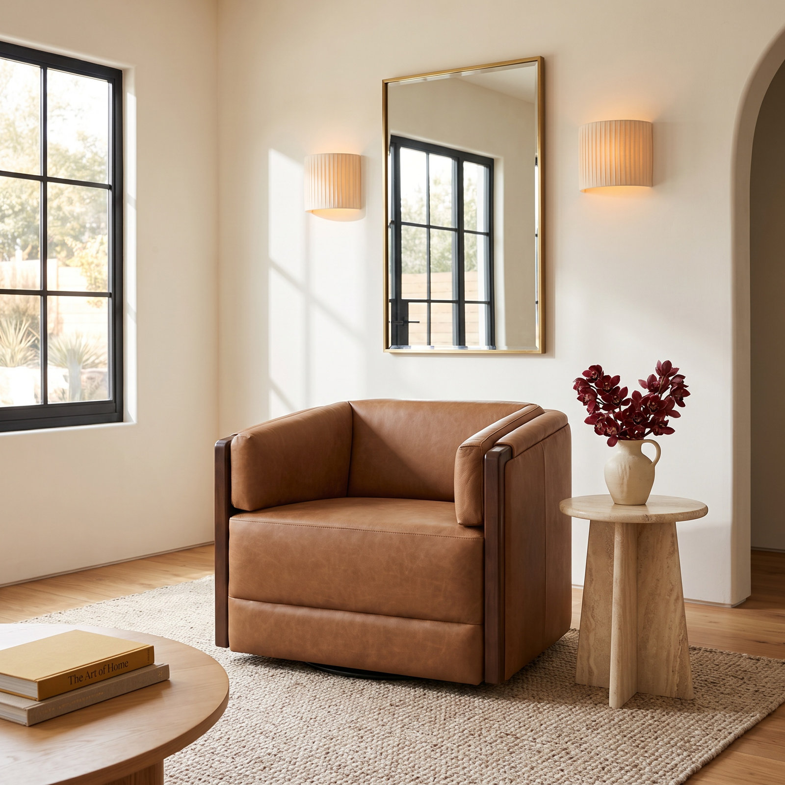 Willsboro Upholstered Swivel Accent Chair, Aline Butternut Genuine Leather