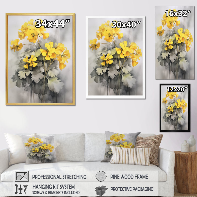 «Yellow and Grey Geraniums Bouquet I», reproduction sur toile, Cadre flottant doré, H 32 po x l 16 po x P 1 po