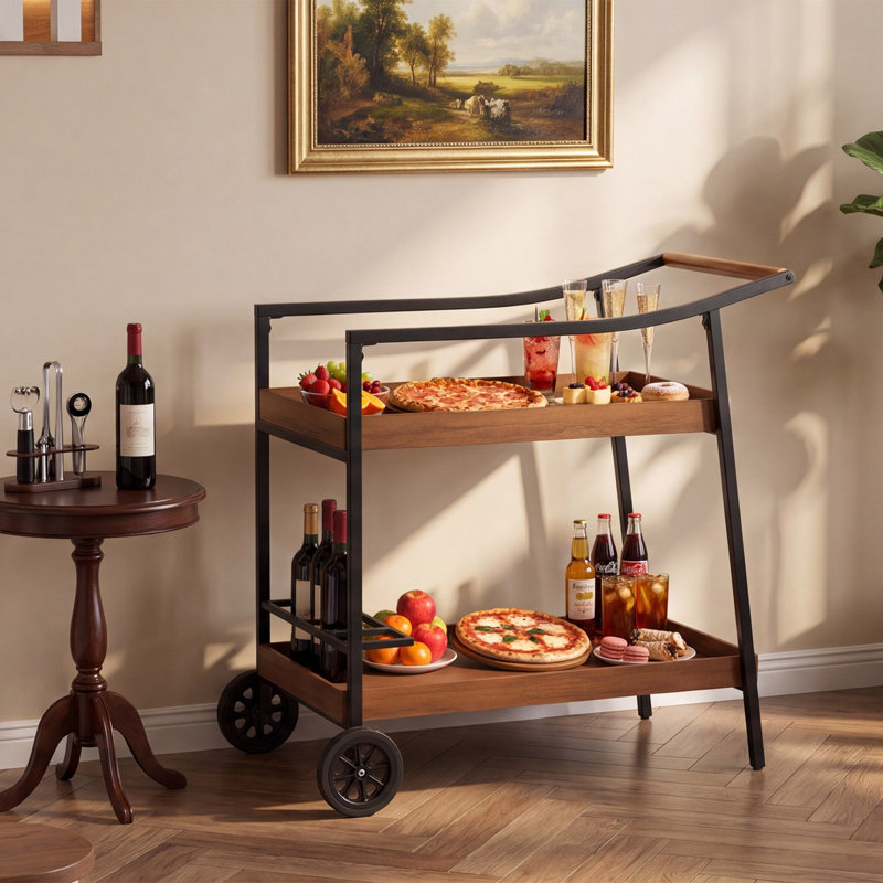 Chariot-bar avec roues, chariot à boissons à 2 niveaux avec support à vin, chariot de service en métal à grain de bois résistant aux intempéries