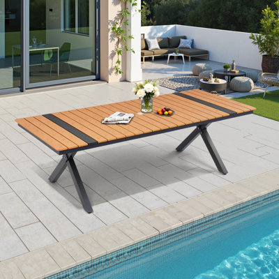 8-12 Person Plastic Desktop & Aluminum Frame Rectangular Outdoor Dining Table with Umbrella Hole