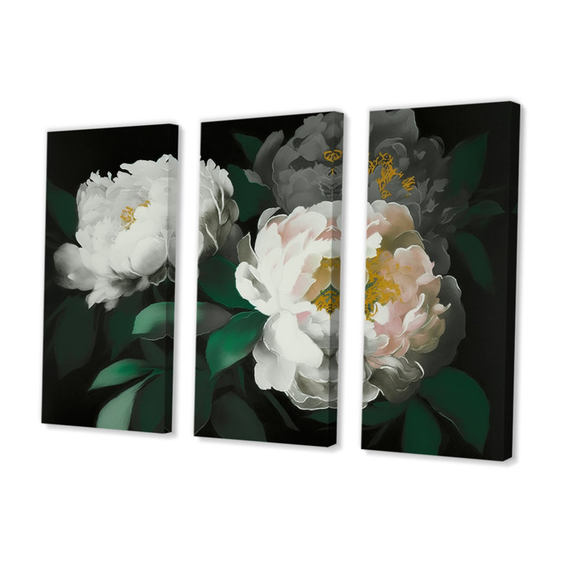 «White Blossoming Peony on Black I», reproduction sur toile tendue 3 pièces, H 28 po x l 36 po x P 1 po