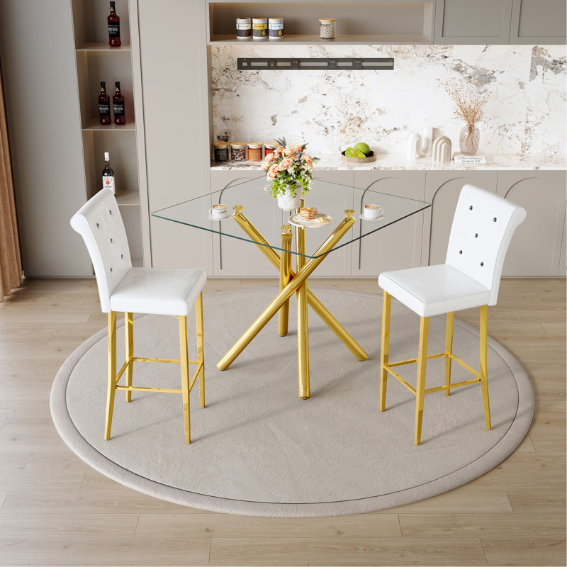 Table de bar en verre et tabourets à hauteur fixe, hauteur de comptoir contemporaine avec base dorée, chaises en cuir Pu blanc pour la maison dans les petits espaces, structure, sièges ergonomiques, conception de pub simple à deux pieds