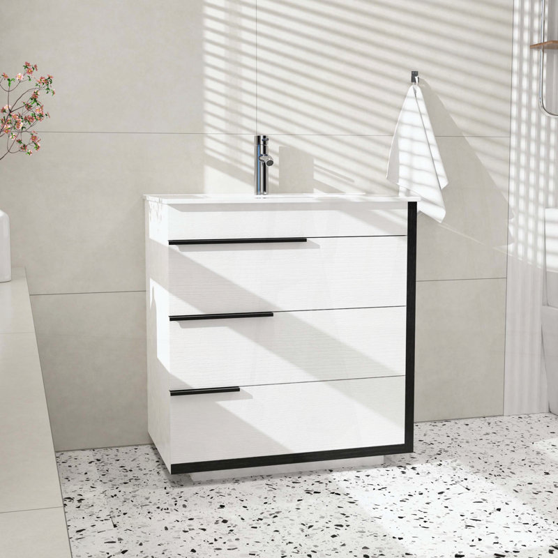 Meuble-lavabo de salle de bain autoportant seulement, avec trois tiroirs à fermeture douce et poignées métalliques personnalisables, blanc et noir