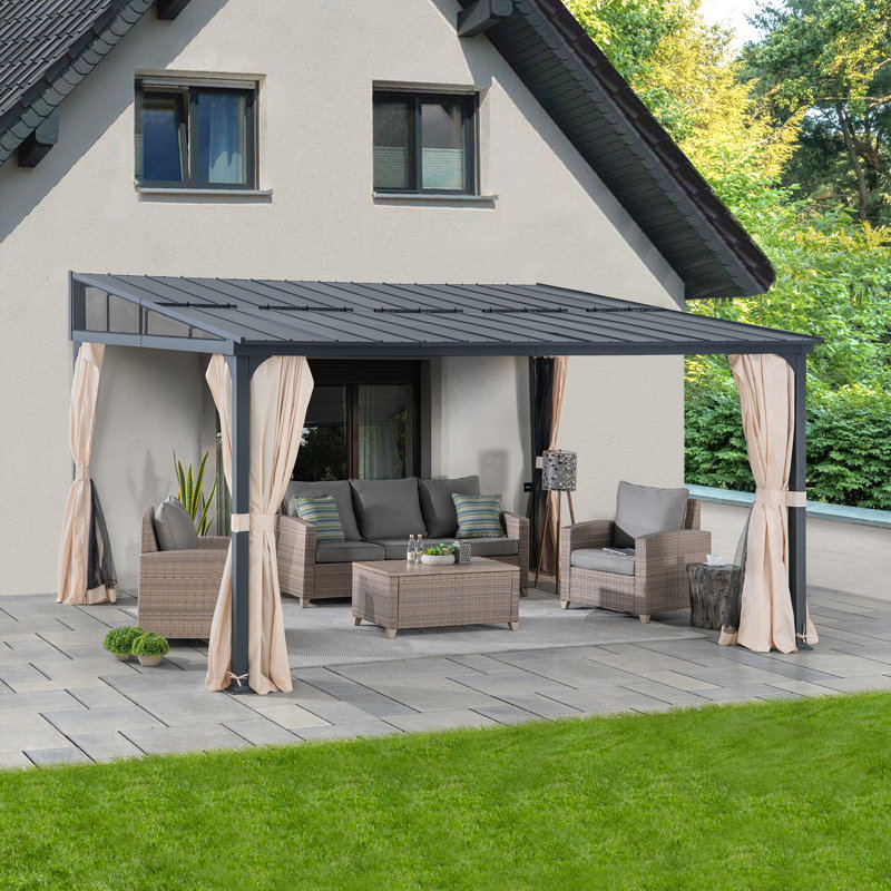 Sunjoy 12 x 14 ft Wall Mounted Gazebo with Powder Coated Steel Roof, Black Aluminum & Metal Frame Lean to Gazebo with Curtains and Netting