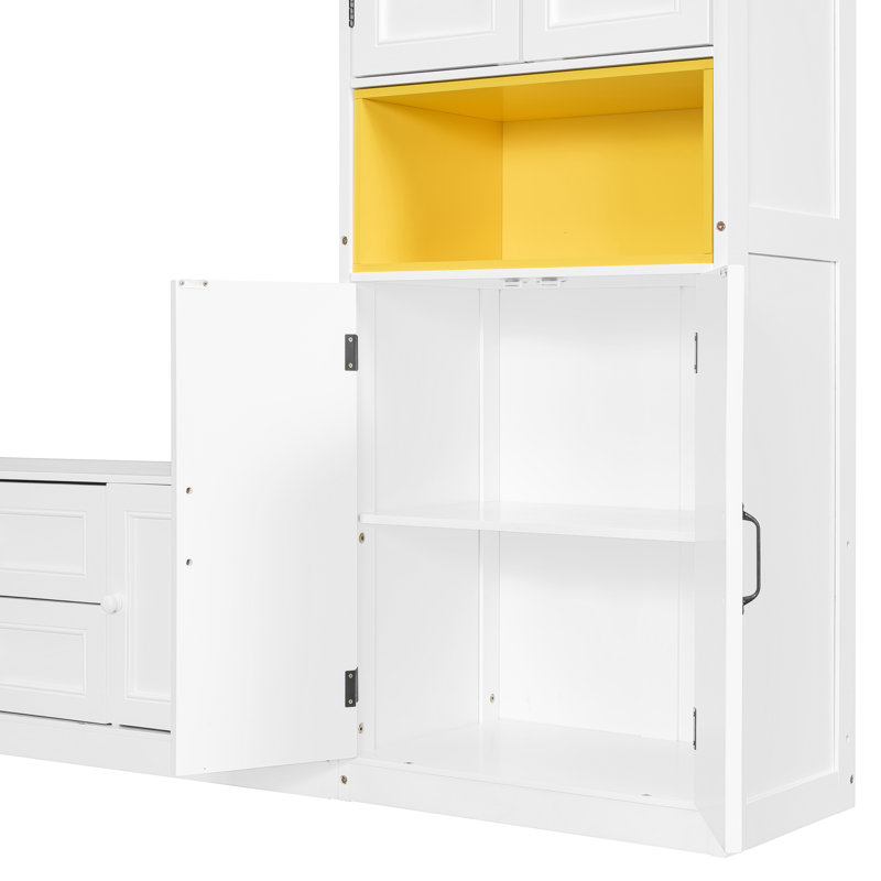 Lit escamotable simple en bois avec meuble télé, 2 tiroirs, tablettes et armoires, blanc, Blanc