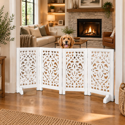 4-Panel Freestanding Foldable Wooden Dog Gate