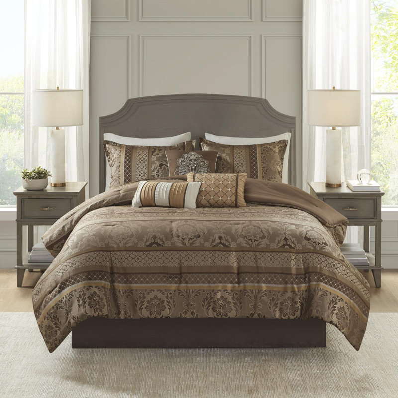 Ensemble d'édredon en polyester jacquard 7 pièces, Édredon de très grande taille et 6 pièces suppl, Brun; or