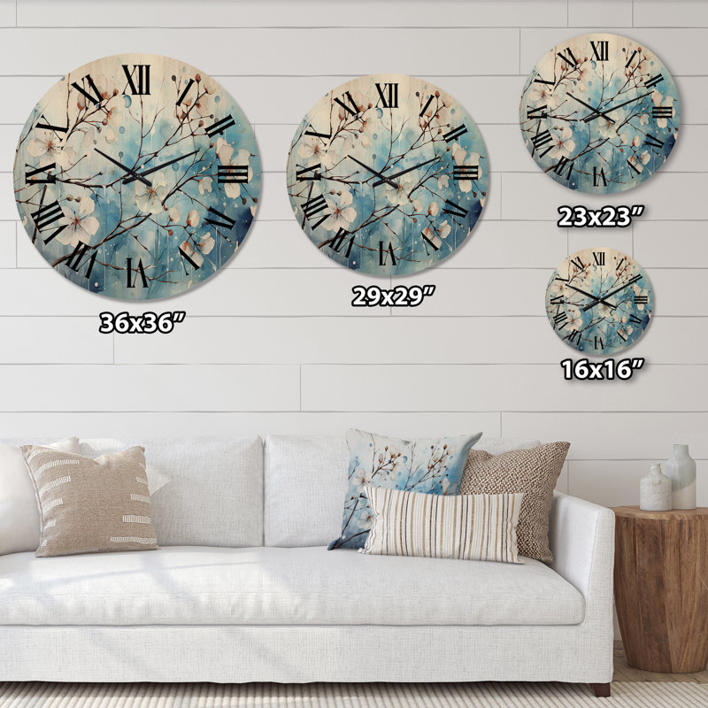 Blue Blossom on Winter Scenery II - Floral Oversized Wood Wall Clock, Extra Large